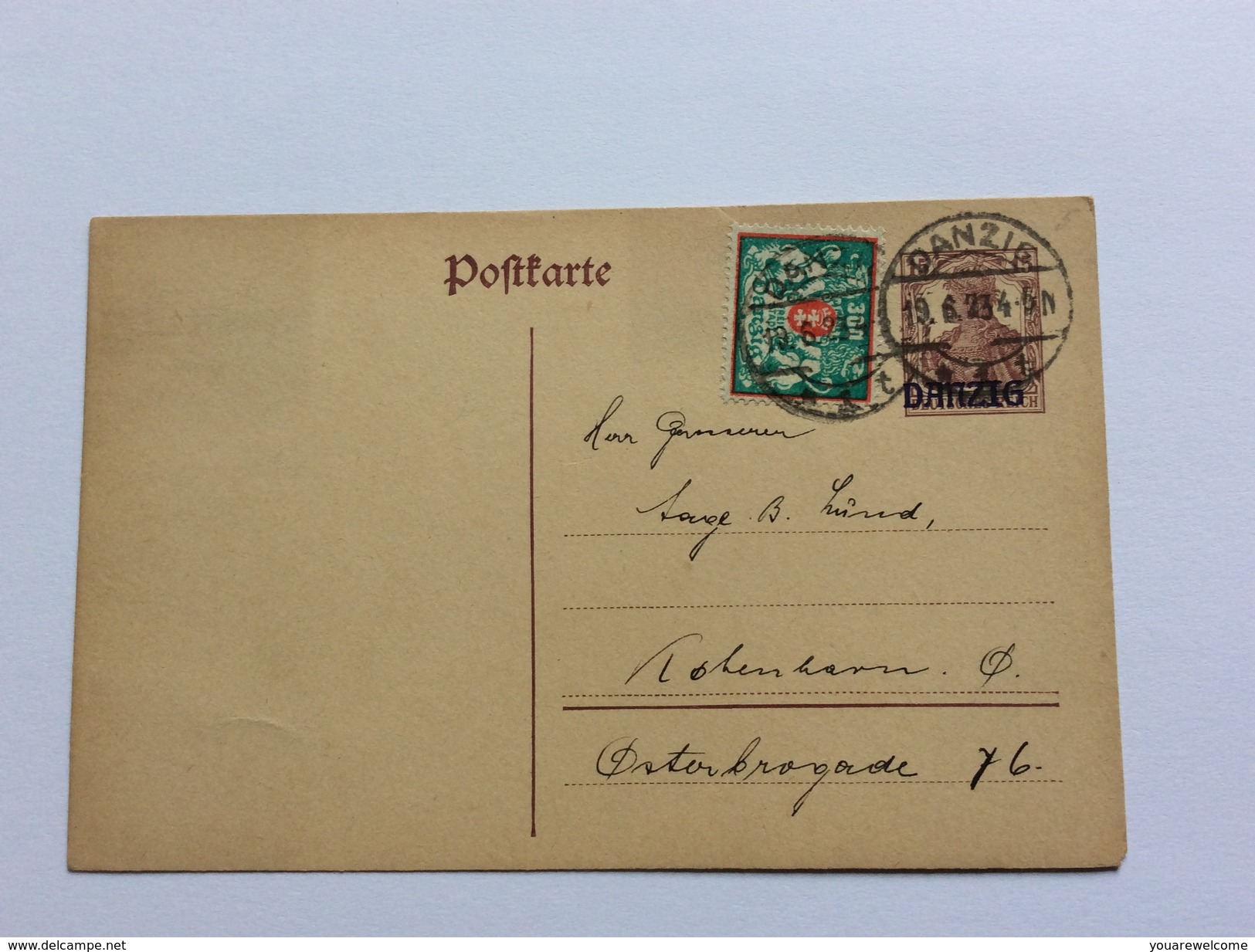 Danzig Ganzsache 1920 Postkarte Michel P5 + Mi. 130  Gestempelt 1923> Dänemark (Poland Polen Brief Cover Denmark - Enteros Postales