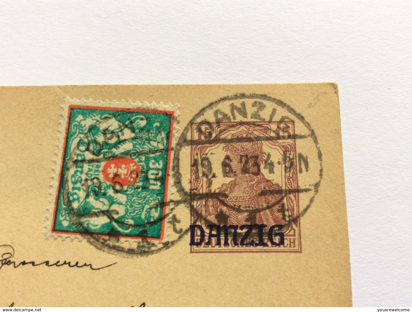 Danzig Ganzsache 1920 Postkarte Michel P5 + Mi. 130  Gestempelt 1923> Dänemark (Poland Polen Brief Cover Denmark - Entiers Postaux