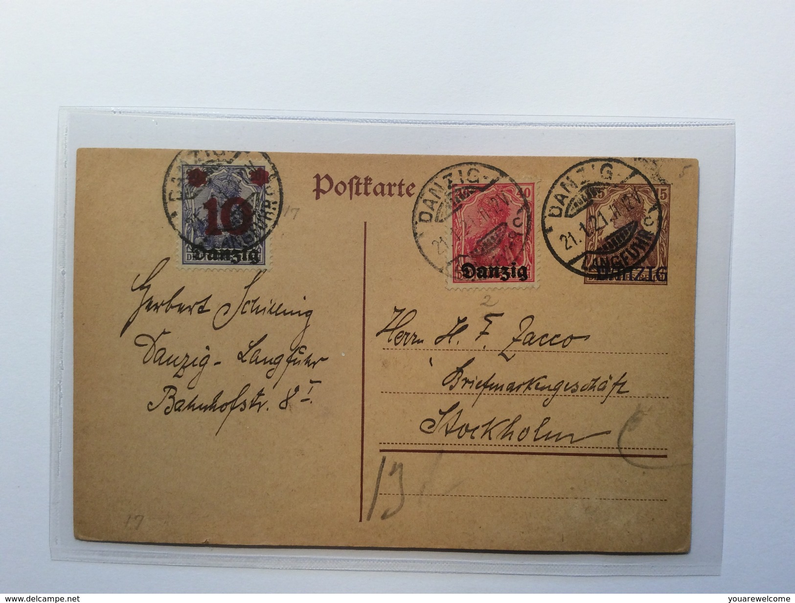 Danzig Ganzsache 1920 Postkarte Michel P5 + Mi.6, 17 Gestempelt 1921> Schweden (Poland Polen Brief Cover Sweden - Ganzsachen