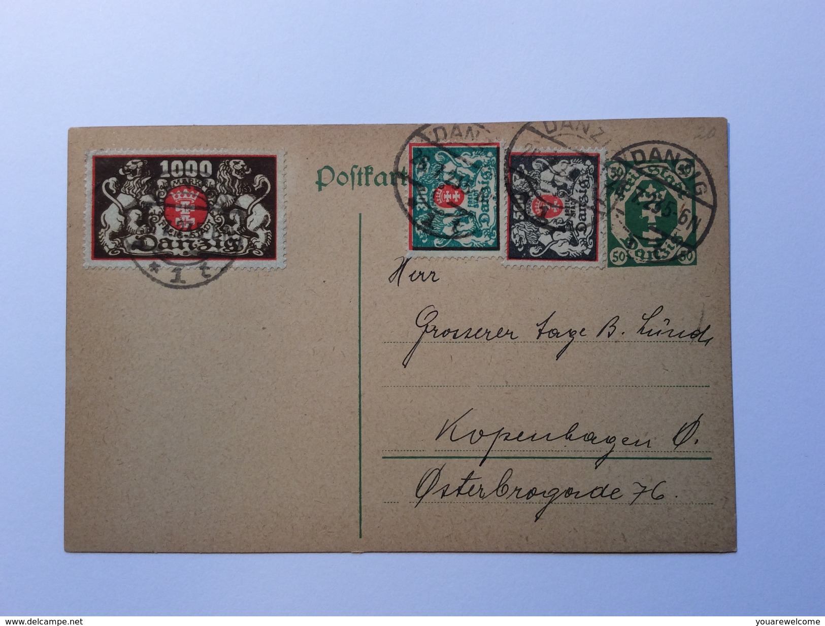 Danzig Ganzsache 1922 Postkarte Michel P20 + Mi. 121, 130F ?, 144 Gestempelt 1923> Dänemark (Poland Polen Brief Cover - Ganzsachen