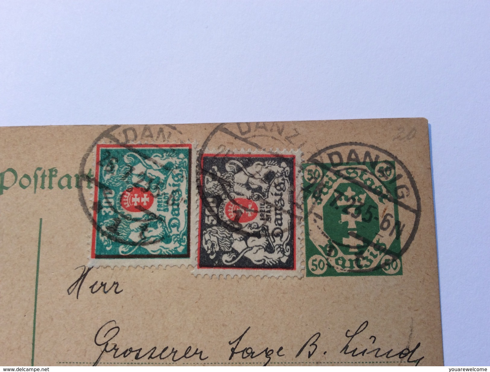 Danzig Ganzsache 1922 Postkarte Michel P20 + Mi. 121, 130F ?, 144 Gestempelt 1923> Dänemark (Poland Polen Brief Cover - Ganzsachen