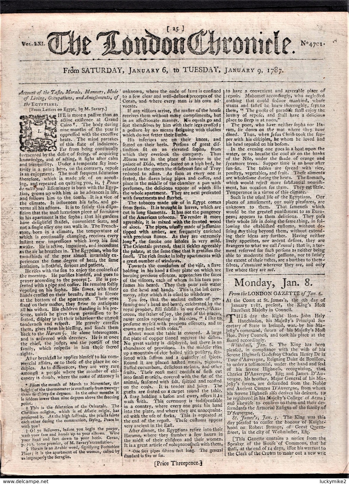"The London Chronicle" Newspaper Dated  'January 6th 1787'.  Contains A Post Office Article. - Unclassified