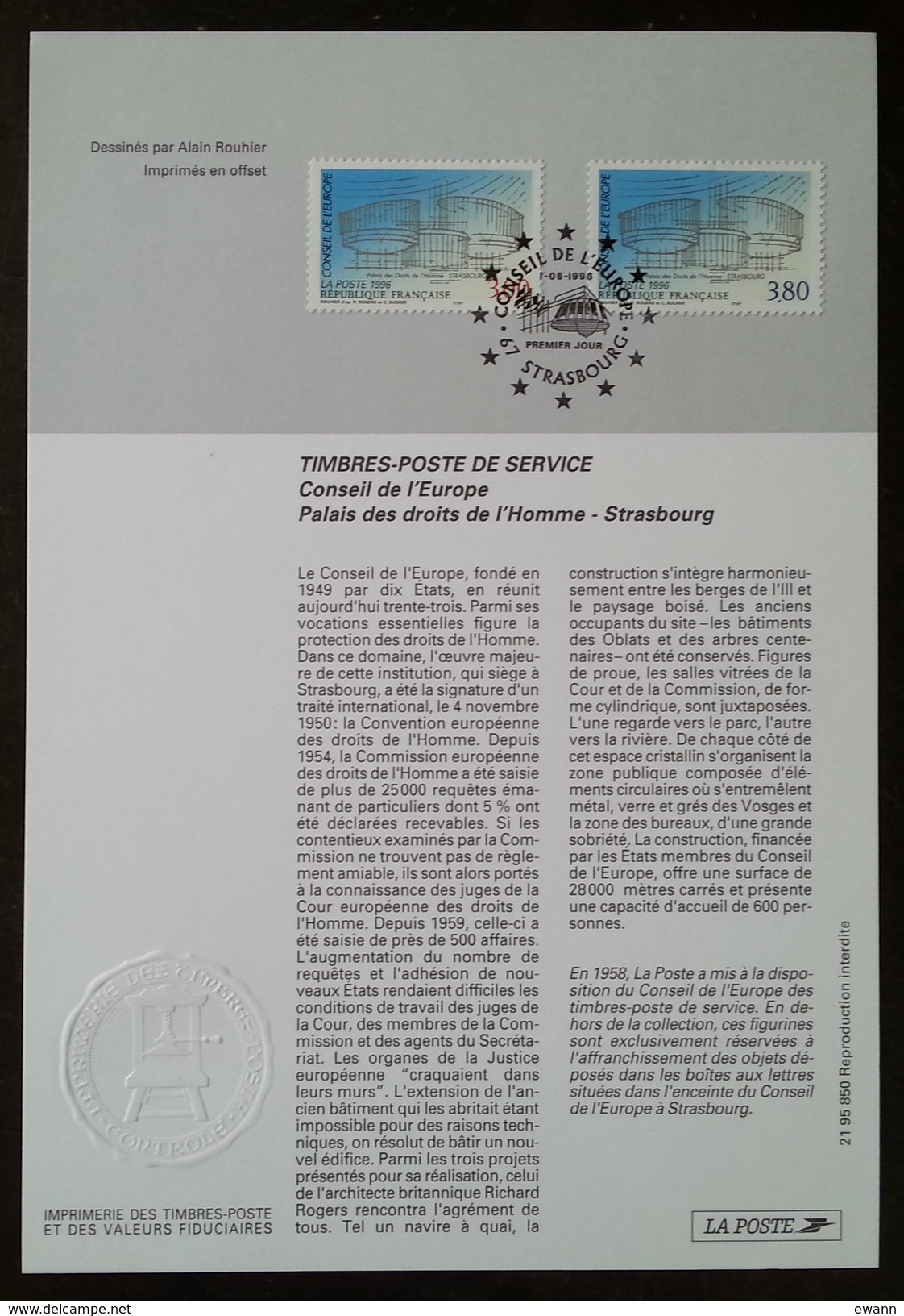 FDC Sur Document - YT Service N°116, 117 - CONSEIL DE L'EUROPE - 1996 - 1990-1999