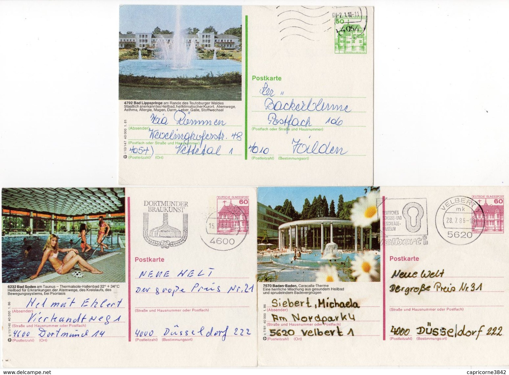 1986 - Allemagne - 3 Cartes Entier Postal - Villes Thermales (Bad Soden - Baden Baden - Bad Lippspringe) - Geïllustreerde Postkaarten - Gebruikt