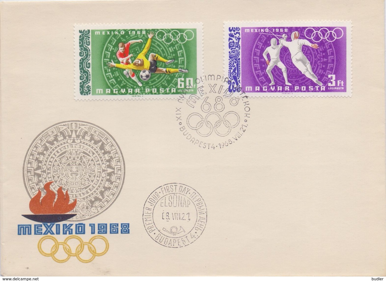 HUNGARY/MAGYAR POSTA :1968: Y.LP302,07 On FDC : OLYMPICS,MEXICO 1968, FOOTBALL,SCHRMEN,ESCRIME,FENCING, - Zomer 1968: Mexico-City