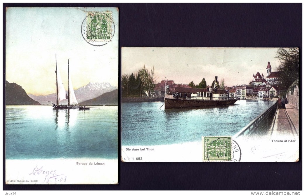 2 CPA ANCIENNES- SUISSE- GENEVE-VAPEUR SUR L'AAR ET VOILIER DE PLAISANCE- GROS PLAN- TIMBRES PERFORÉS-  2 SCANS - Genève