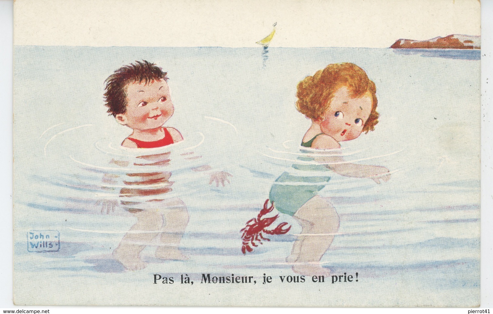 ENFANTS - Jolie Carte Fantaisie Enfants Dans L'eau Avec Homard Pinçant Les Fesses De La Petite Fille Signée JOHN WILLS - Wills, John