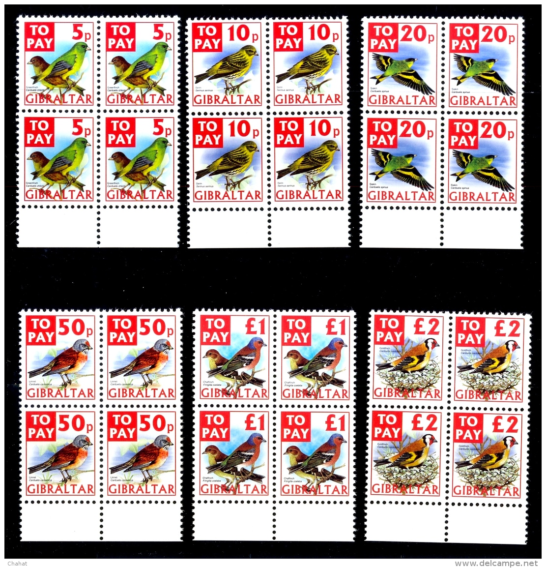 BIRDS-SPARROWS &amp; SONG BIRDS-POSTAGE DUE-GIBRALTAR-BLOCKS OF 4-POSTAGE DUE-SCARCE-MNH-H1-445 - Sparrows