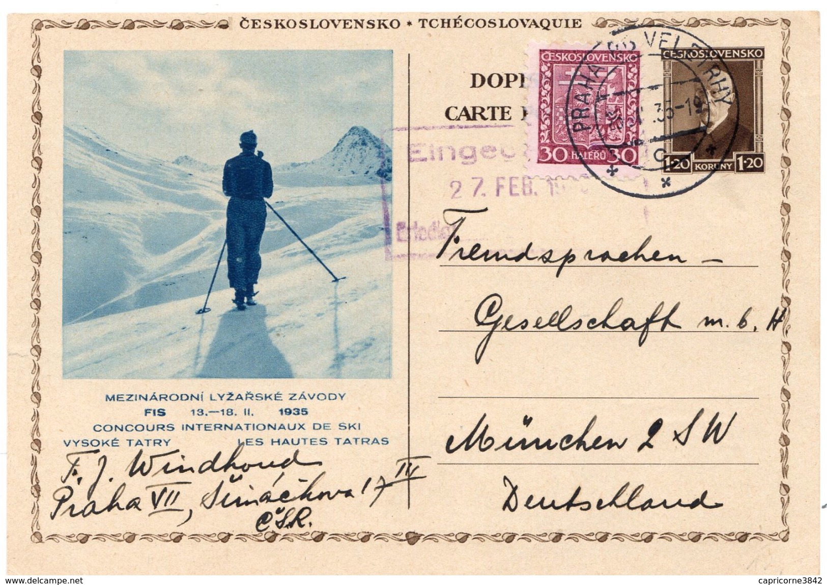 1935 - Tchécoslovaquie - Concours Internationaux De Ski - Les Hautes Tatras - Complément D'affranchis. Pour L'Allemagne - Cartes Postales