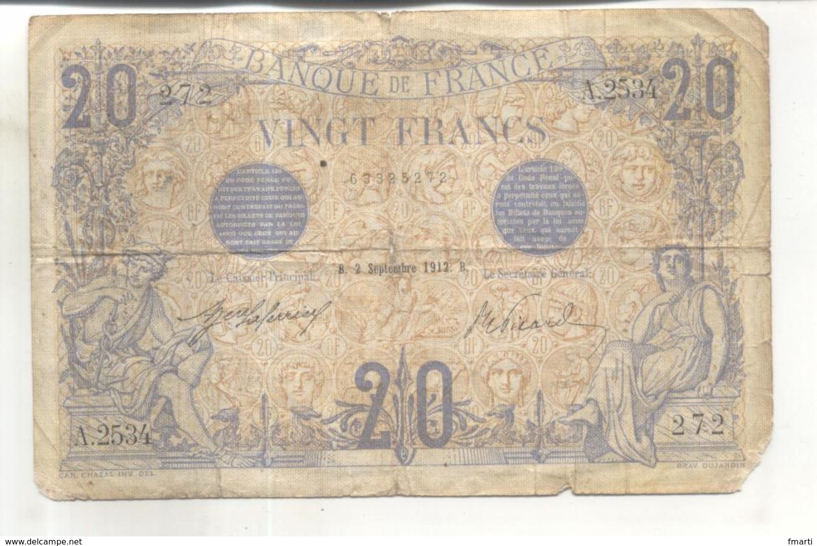 Billet 20 Francs Bleu 2 Septembre 1913 - 20 F 1905-1913 ''Bleu''