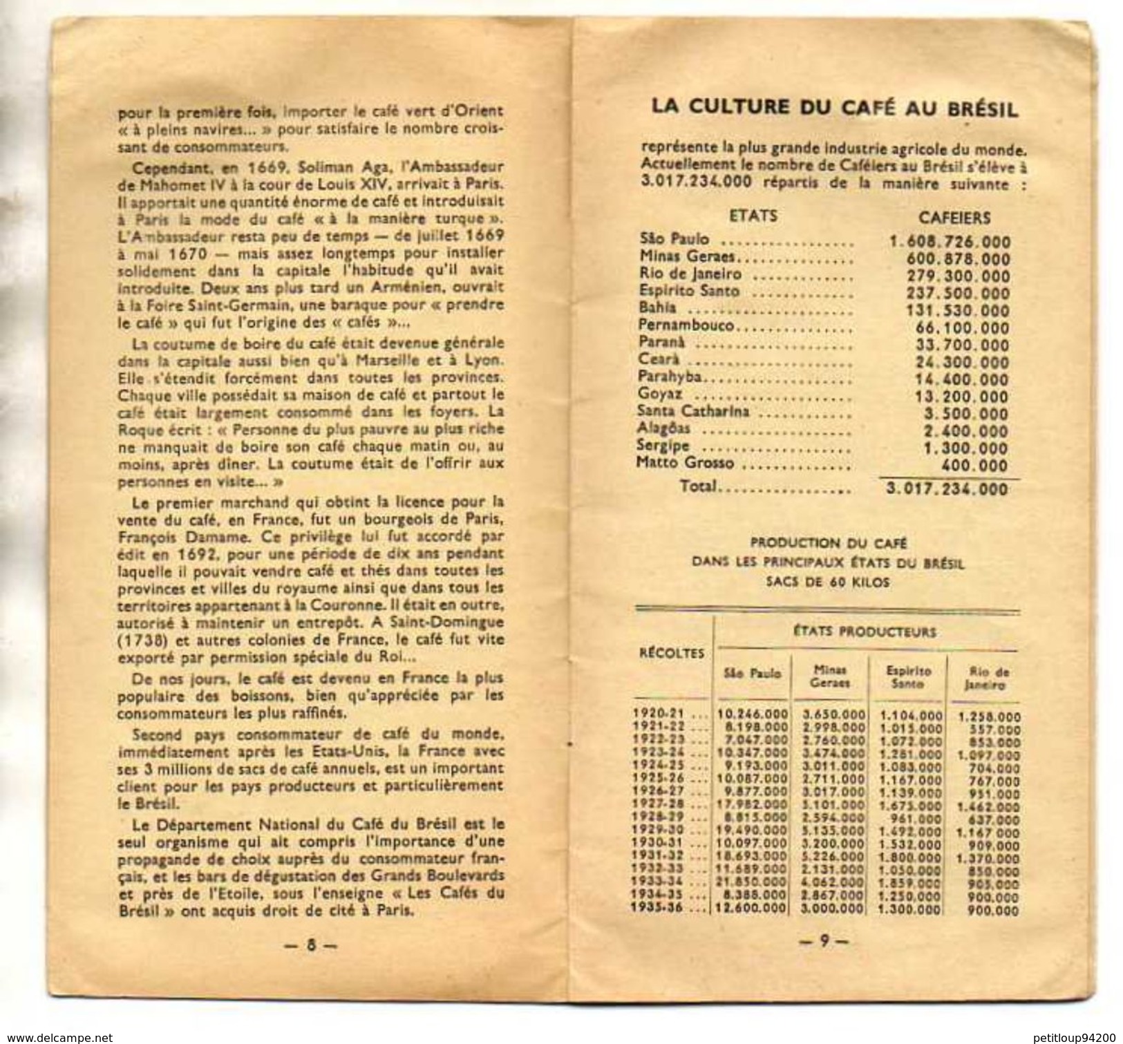 DOCUMENT COMMERCIAL CAFE DU BRESIL Département National Du Café  EXPOSITION 1937 - Straßenhandel Und Kleingewerbe