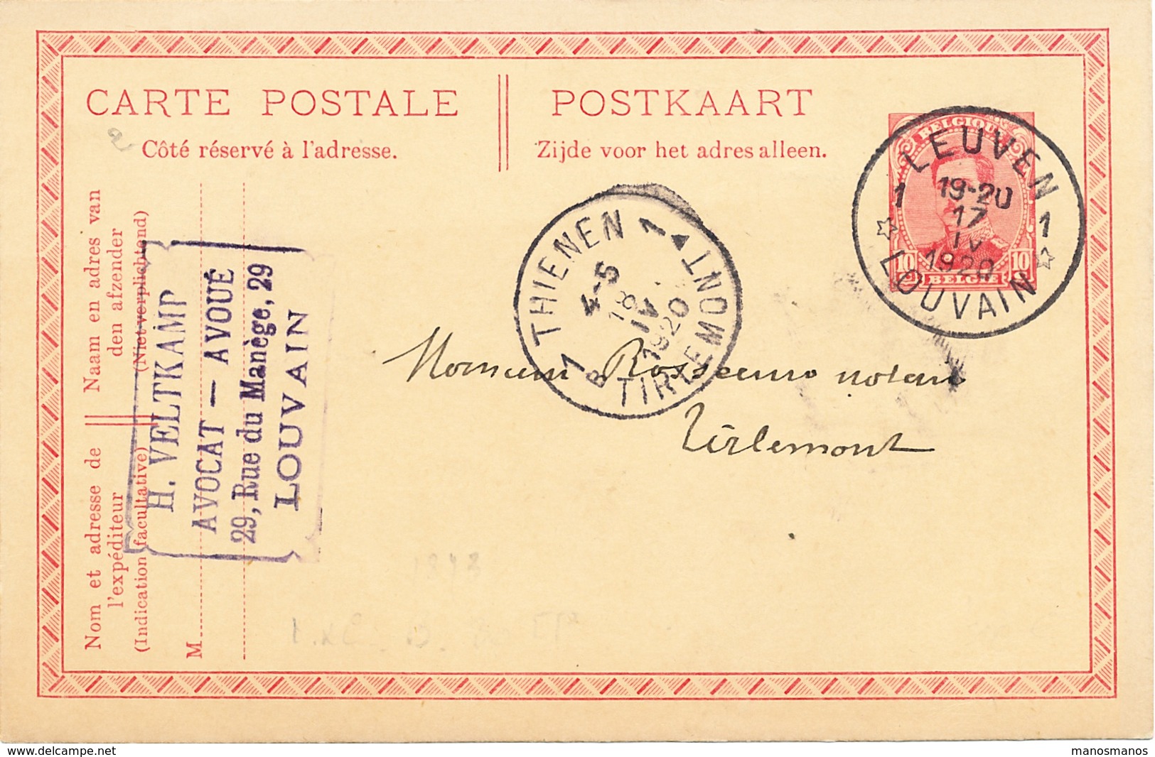 429/25 - Entier Postal Petit Albert Cachet FORTUNE à Etoiles LEUVEN 1 En 1920 - Cachet Avocat Veltkamp - Postkarten 1909-1934
