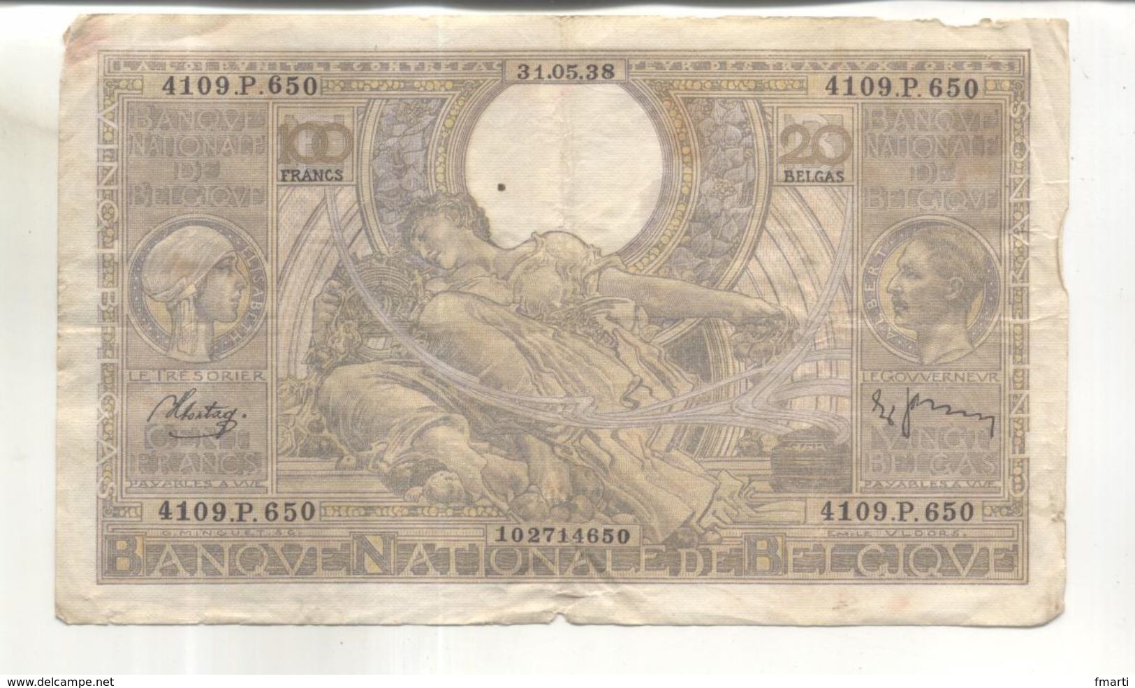 Billet 100 Francs 20 Belgas Banque Nationale De Belgique, 31 Mai 1938 (vendu Dans L'état) - 100 Francs & 100 Francs-20 Belgas