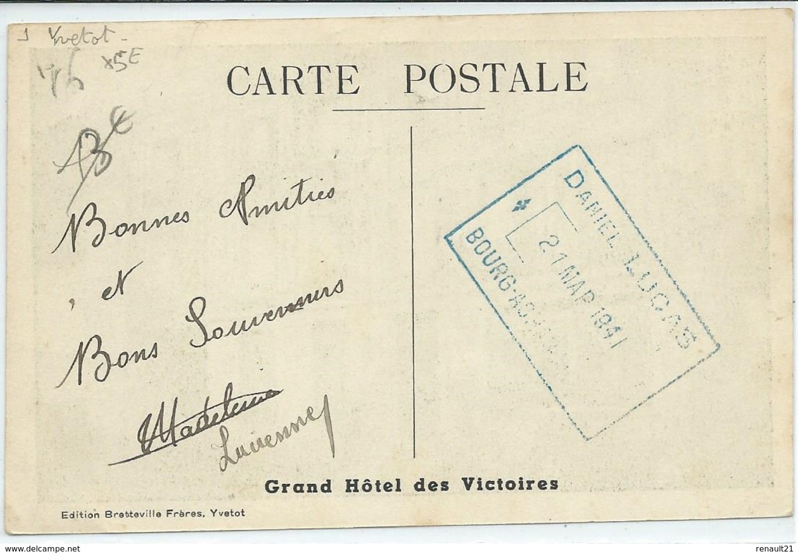 Yvetot-Grand Hôtel Des Victoires (Voir Tampon Verso: Daniel Lucas-21 Mars 1941-Bourg ?)-(SÉPIA) - Yvetot