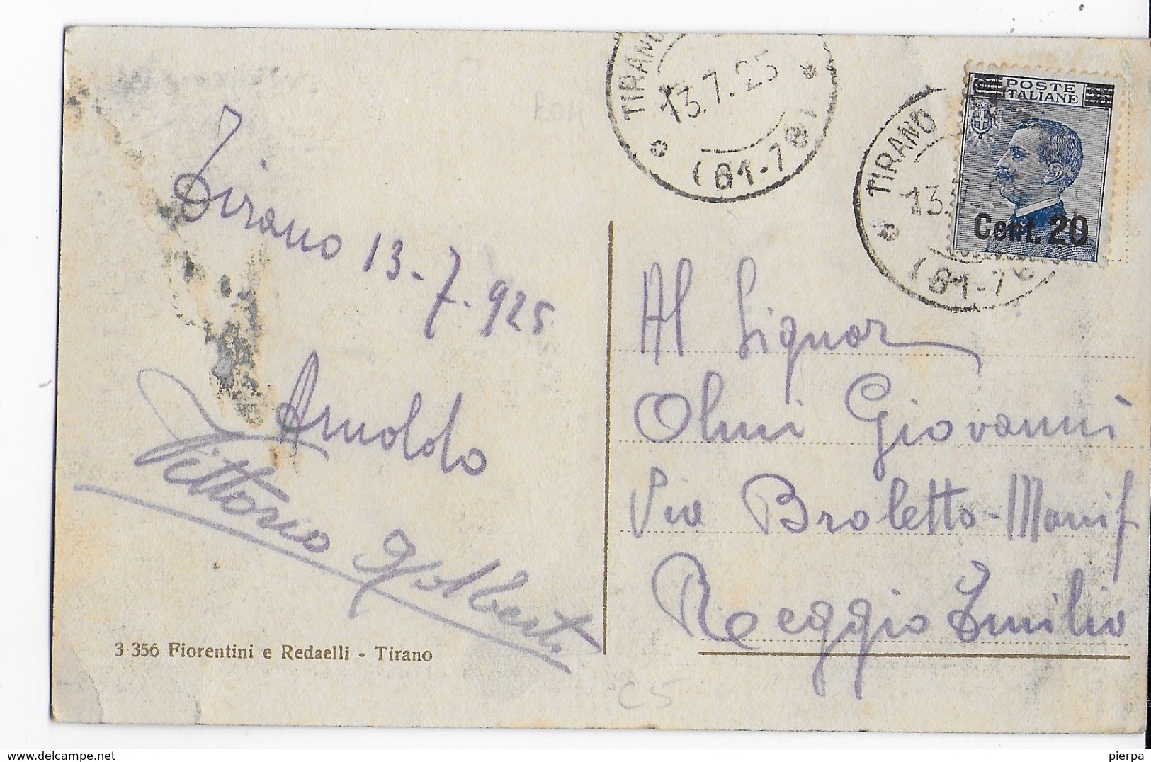 STORIA POSTALE REGNO - ANNULLO FRAZIONARIO - TIRANO STAZIONE (SO) 61-76 SU CARTOLINA MICHETTI SOVRASTAMPATO 13.07.1925 - Storia Postale