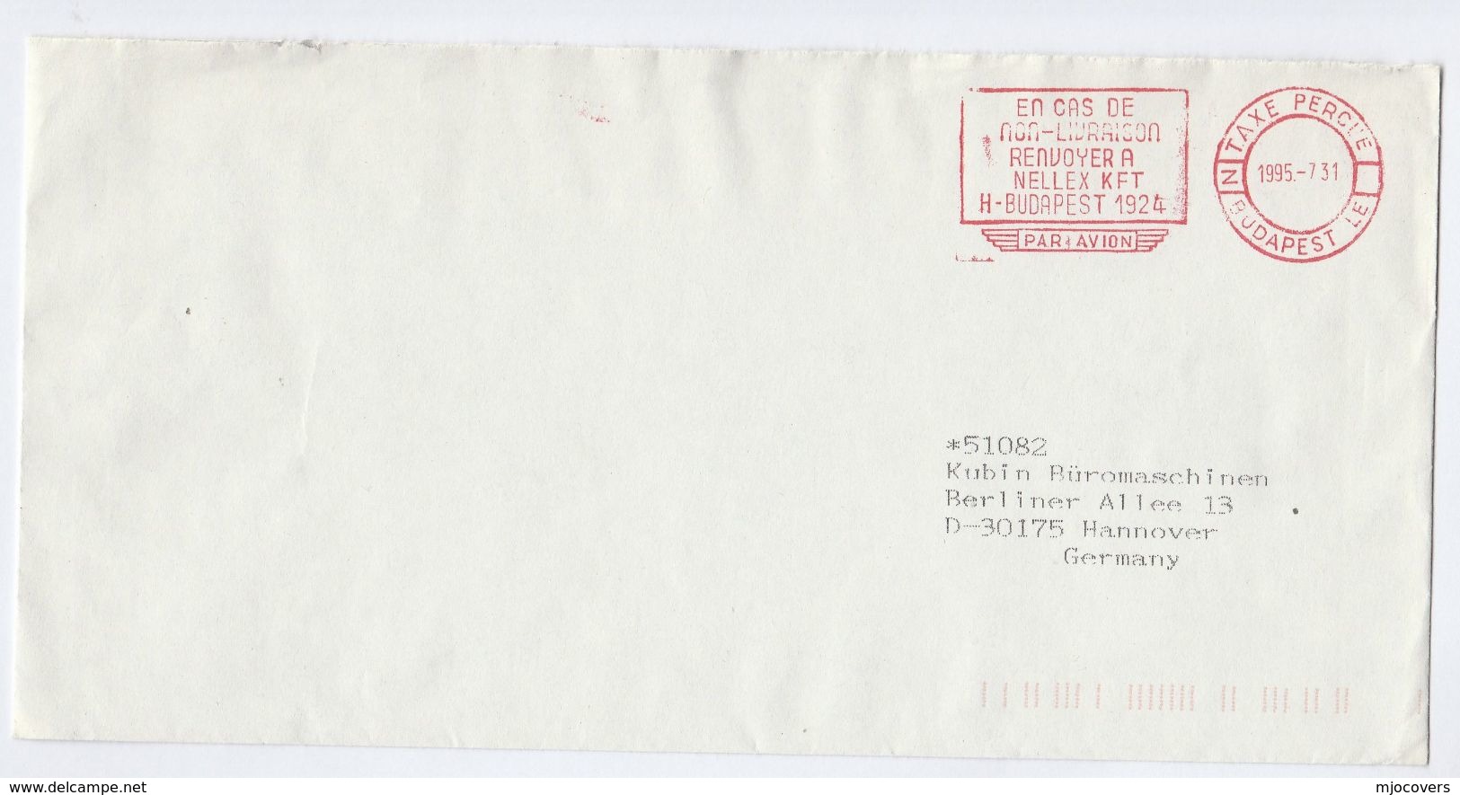 1995 BUDAPEST COVER METER Stamp SLOGAN 'Par Avion En Casde Non Livraison Renvoyer A Nellex KFT' Hungary Airmail Aviation - Lettres & Documents