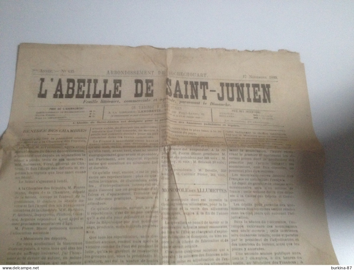 Journal, L'ABEILLE De ST JUNIEN , 17 Novembre 1889, Saint Junien - 1850 - 1899