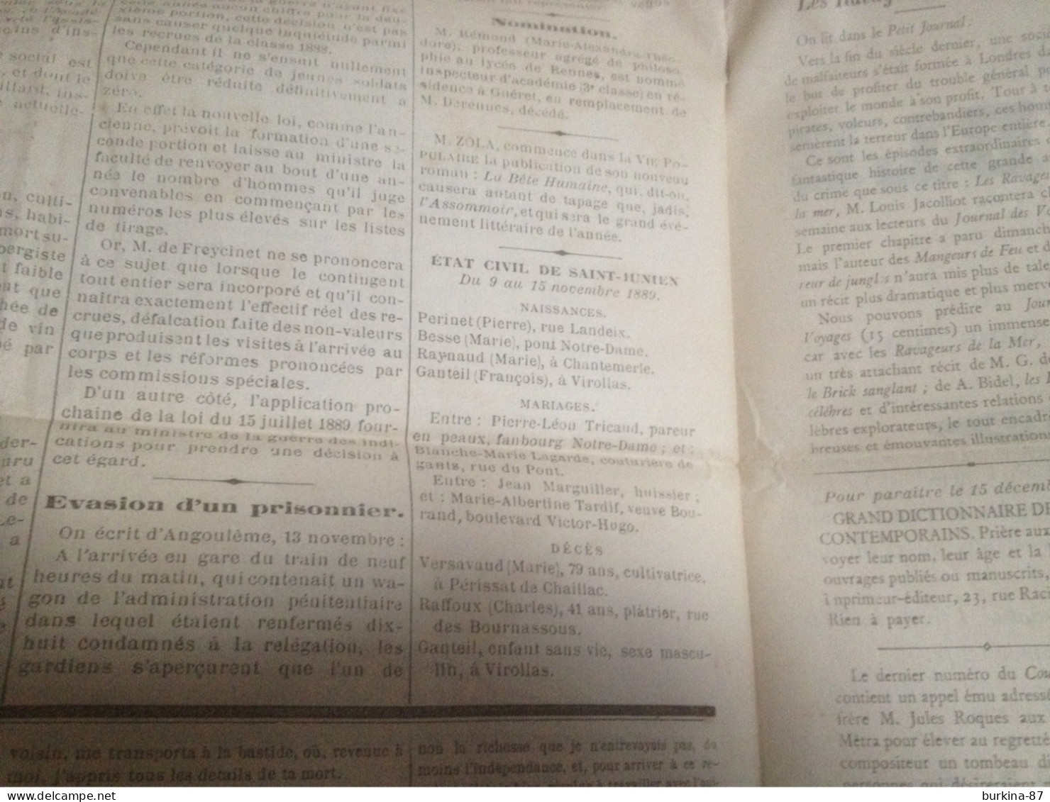 Journal, L'ABEILLE De ST JUNIEN , 17 Novembre 1889, Saint Junien - 1850 - 1899