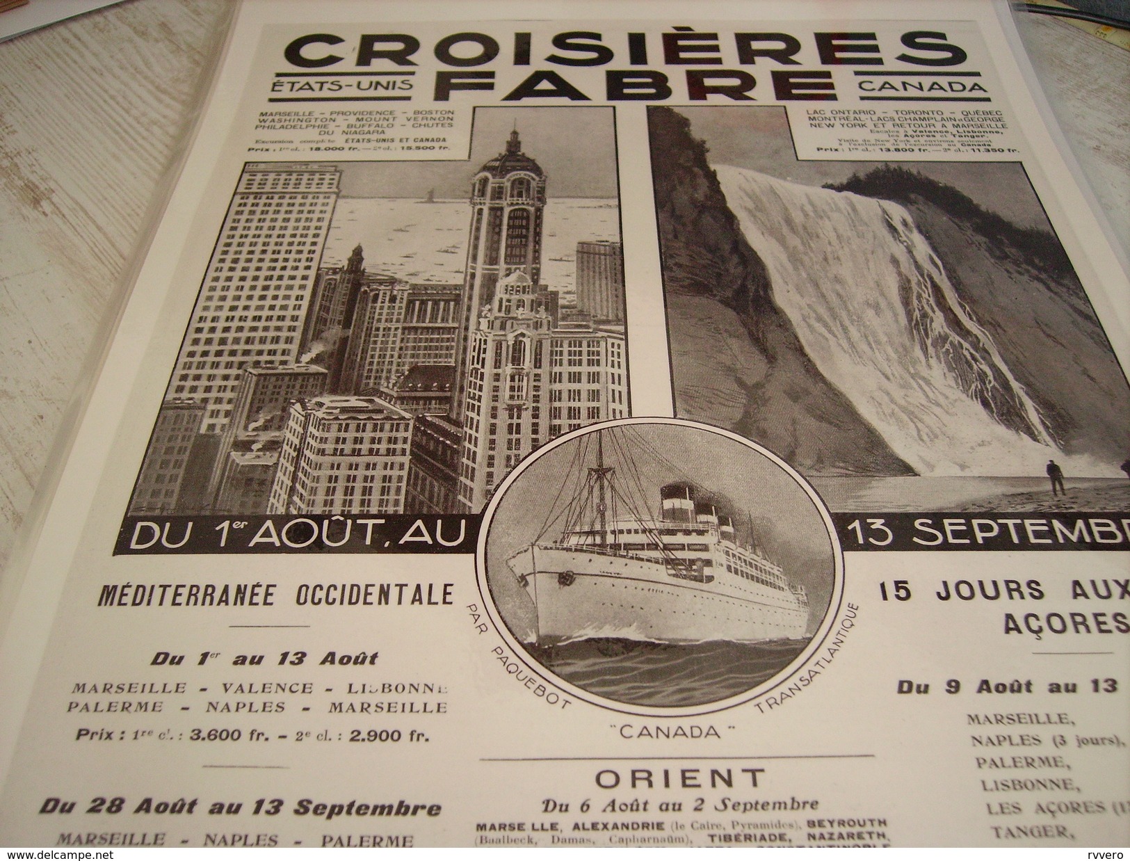 ANCIENNE PUBLICITE CROISIERE FABRE PAQUEBOT CANADA 1928 - Other & Unclassified