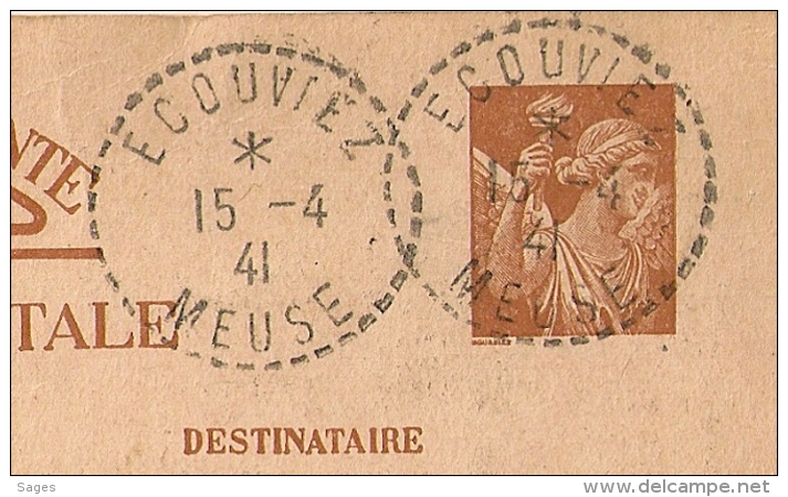 Cachet Tireté ECOUVIEZ Meuse Sur Entier IRIS Pour THIERS. 1941 - 1921-1960: Période Moderne