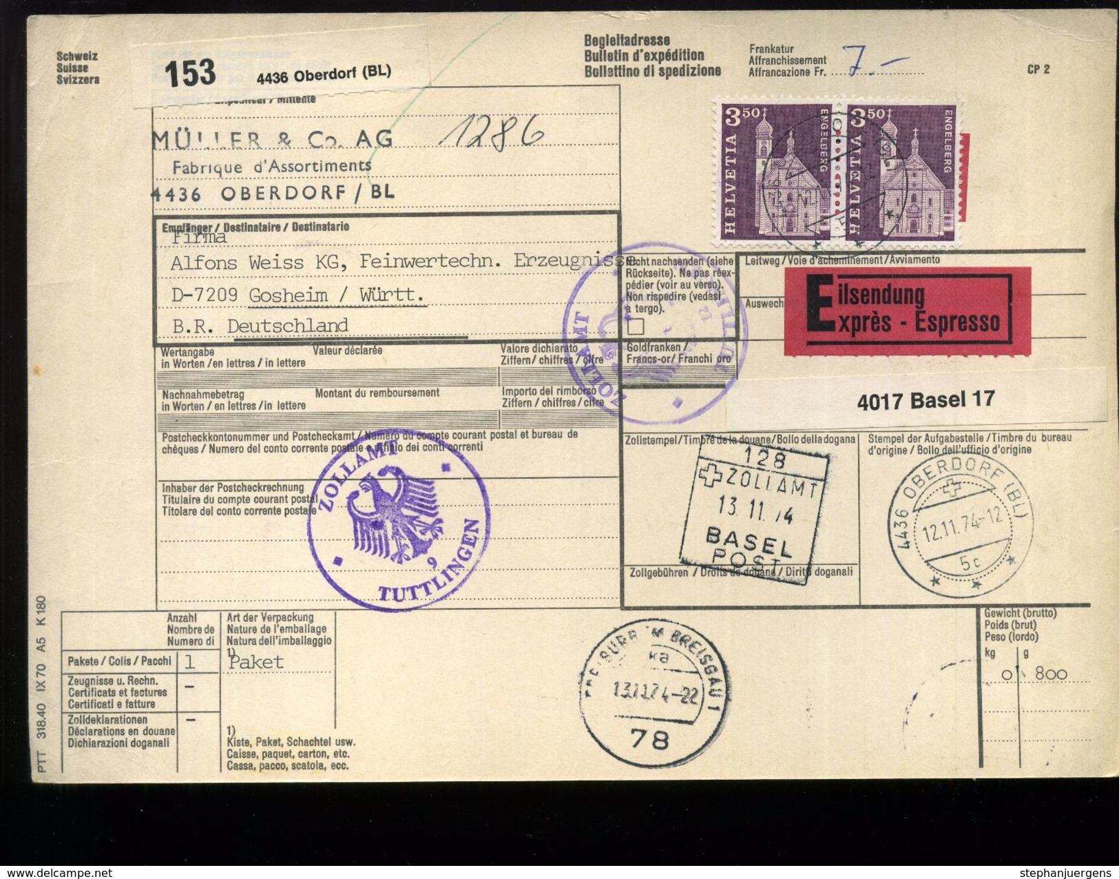 1975: Paketkarte Aus OBERDORF Nach Deutschland, Frankiert Mit 2x350 - Lettres & Documents