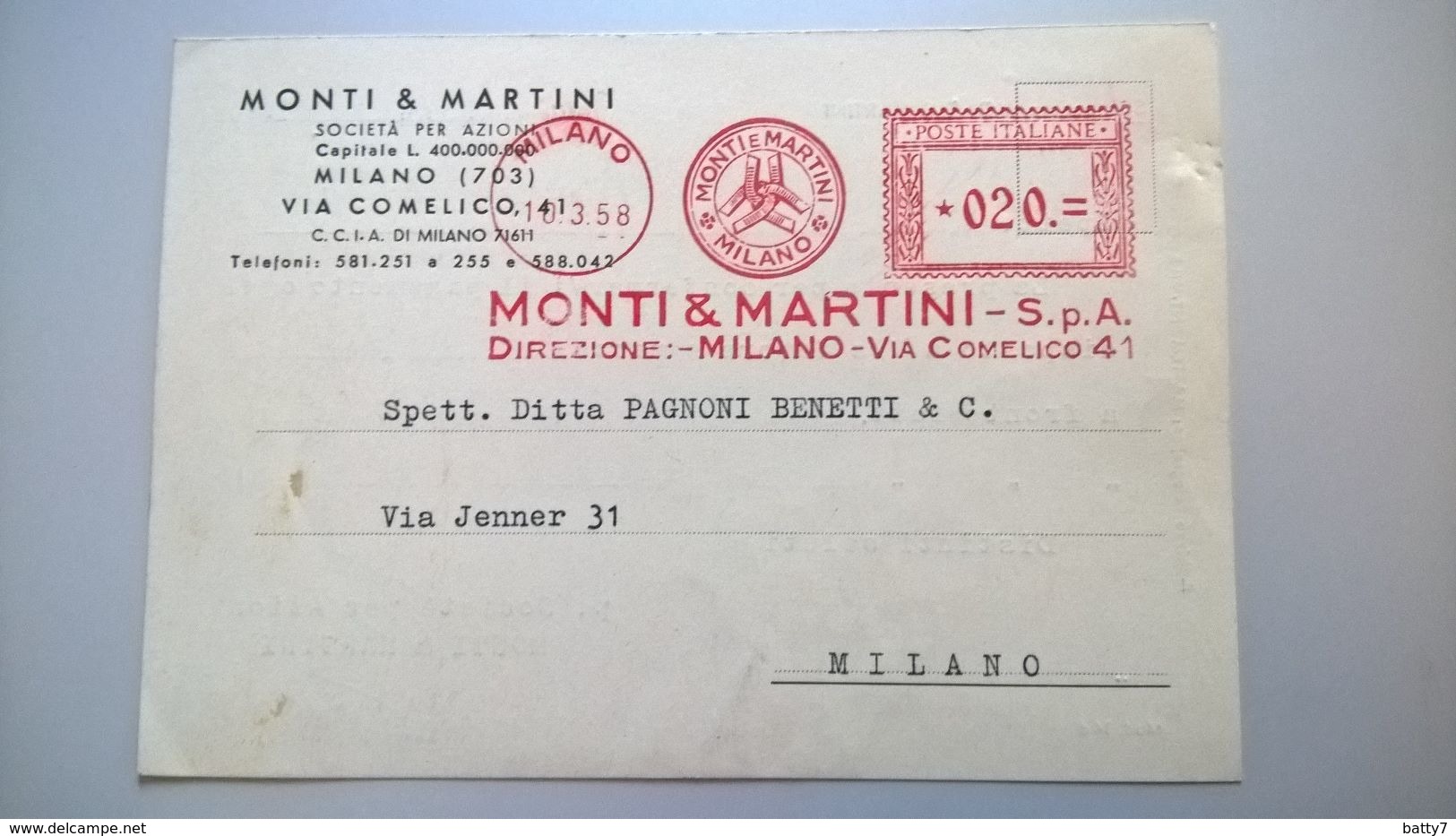 EMA - MILANO MONTI E MARTINI - 10.3.1958 - Macchine Per Obliterare (EMA)