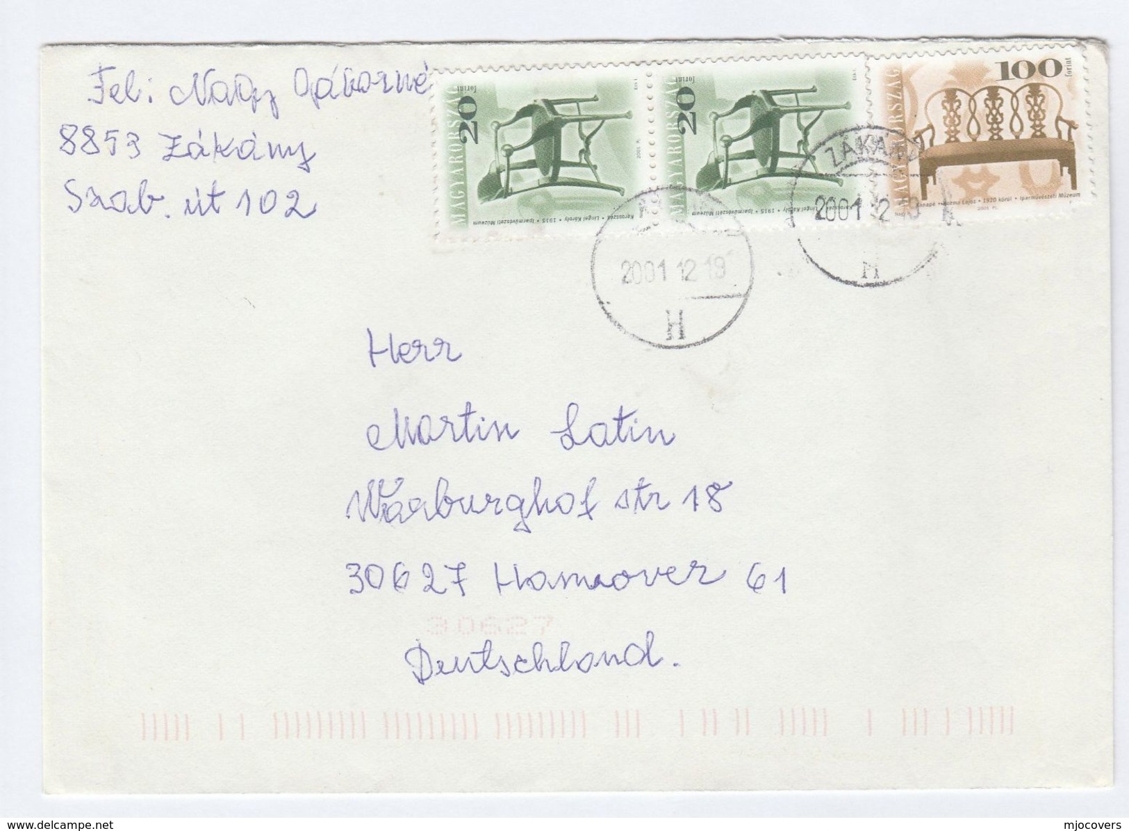 2001 HUNGARY COVER Stamps ANTIQUE FURNITURE To Switzerland - Covers & Documents
