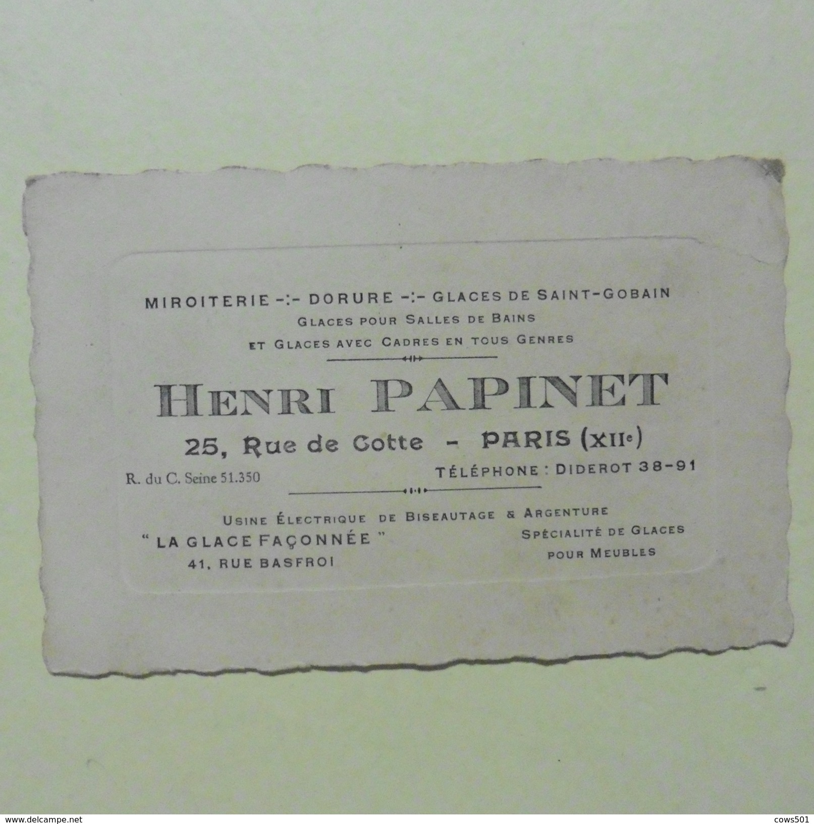 Carte De Visite :Miroiterie :Henri PAPINET Paris XII  En 1938 - Publicités