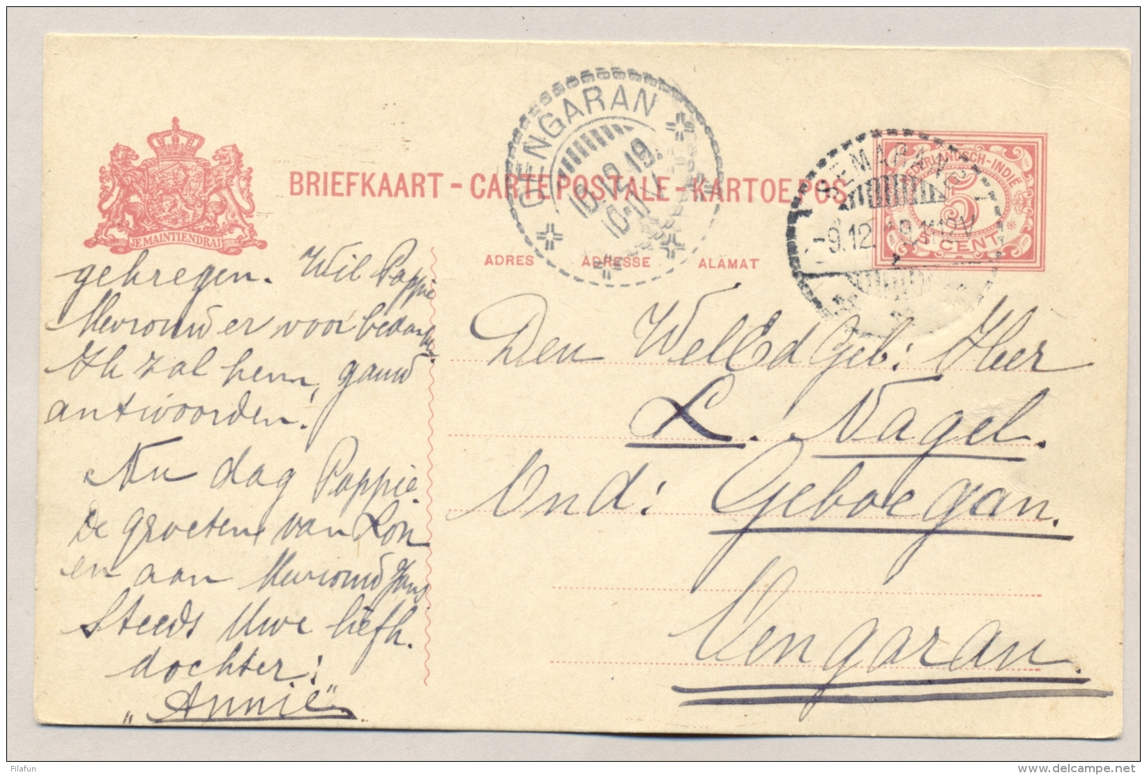 Nederlands Indië - 1919 - 5 Cent Briefkaart Van Semarang Naar KBu OENGARAN - Nederlands-Indië