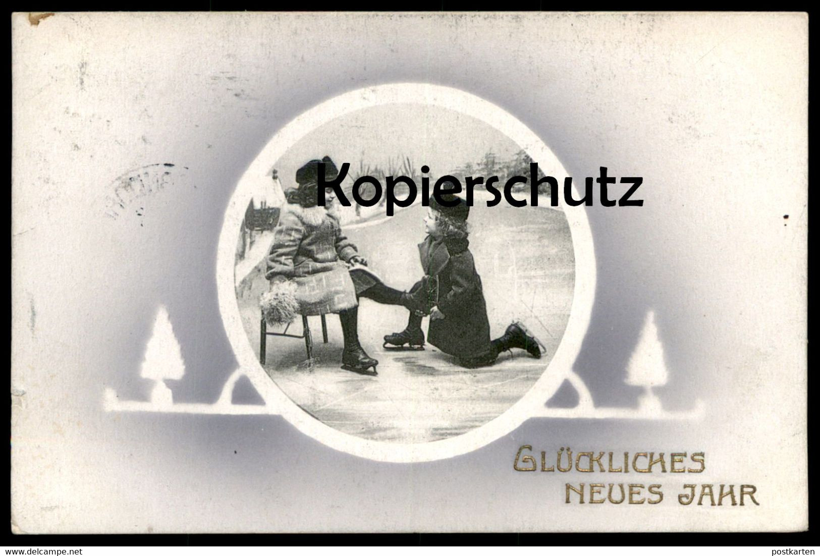 ALTE POSTKARTE GLÜCKLICHES NEUES JAHR SCHLITTSCHUH FAHREN KINDER Ice Figure Skating Mädchen Girls Ansichtskarte Postcard - Kunstschaatsen