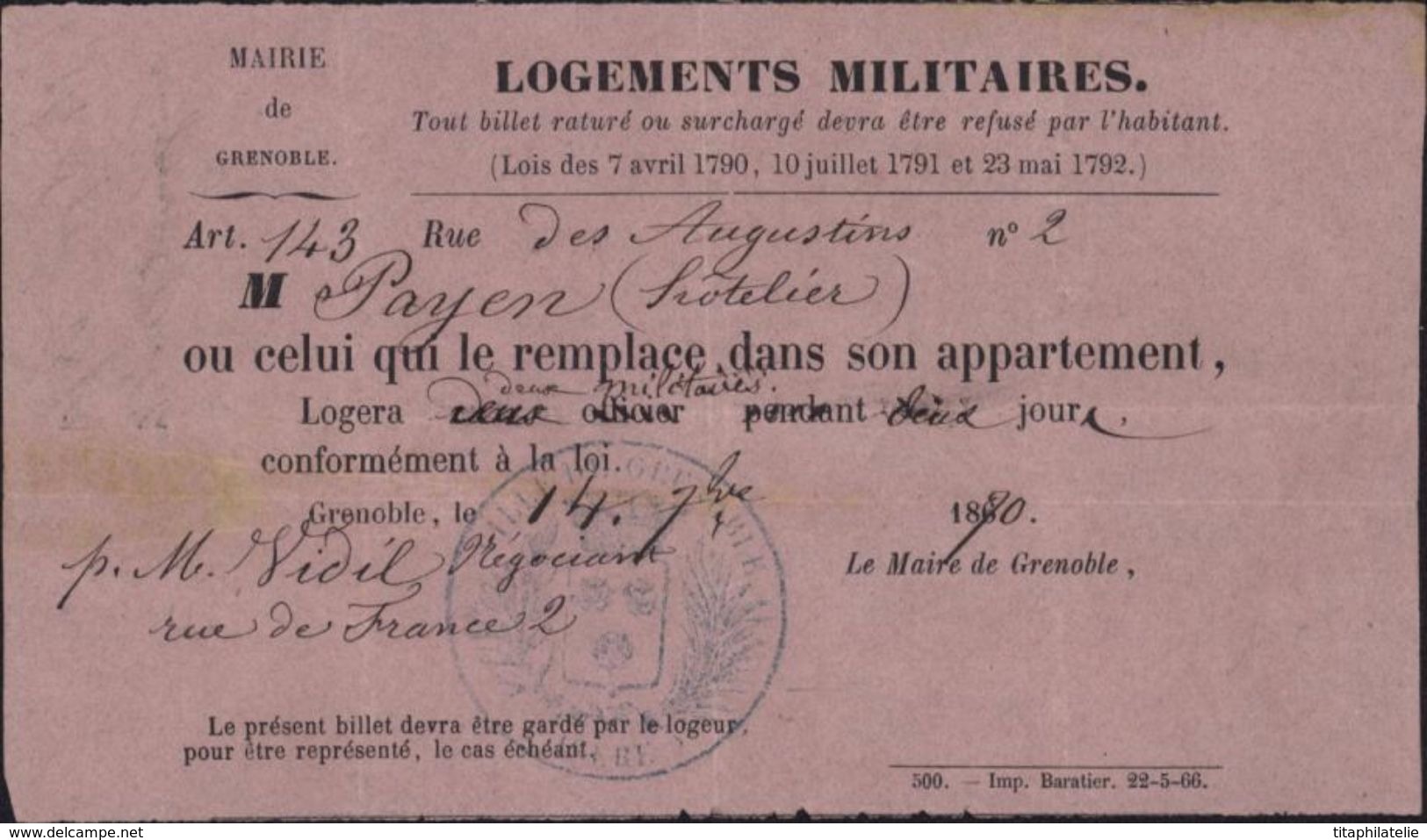 Guerre 1870 Billet Logements Militaires Mairie De Grenoble Pour 2 Soldats 2 Jours Chez M Vidil Négociant Cachet Ville - Guerre De 1870