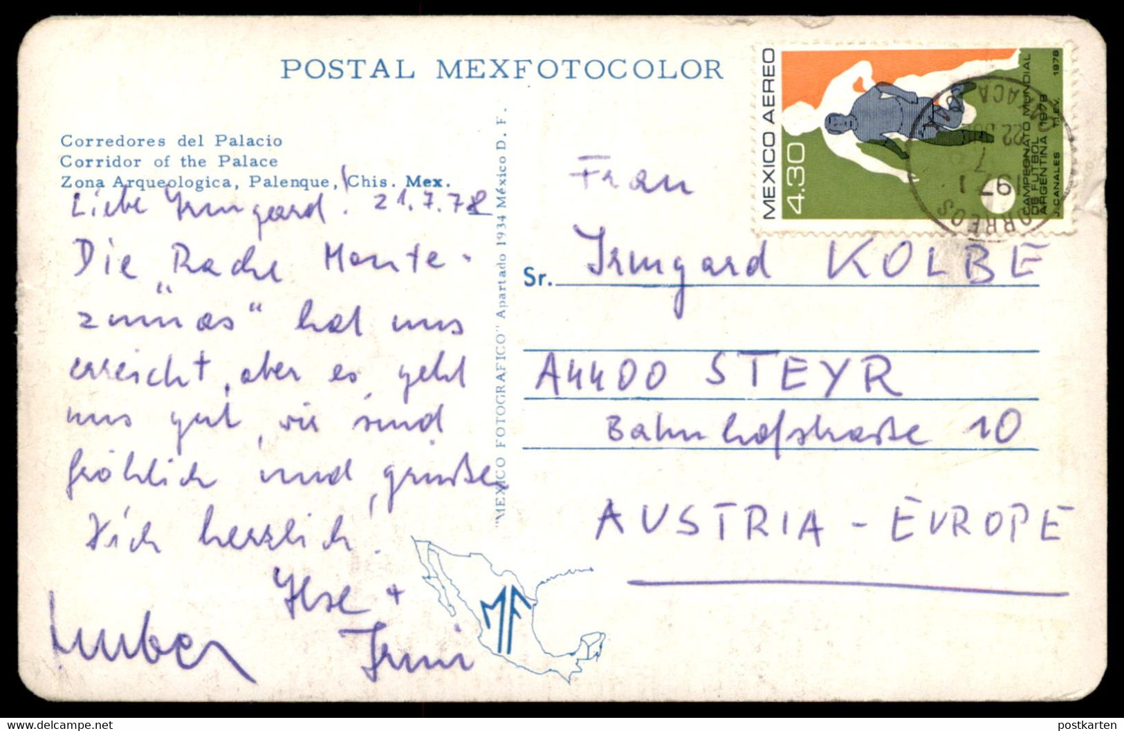 ÄLTERE POSTKARTE CORRIDOR OF THE PALACE MEXIKO Mexico Palenque Archäologie Briefmarke Fussball WM 1978 Postcard - Mexique