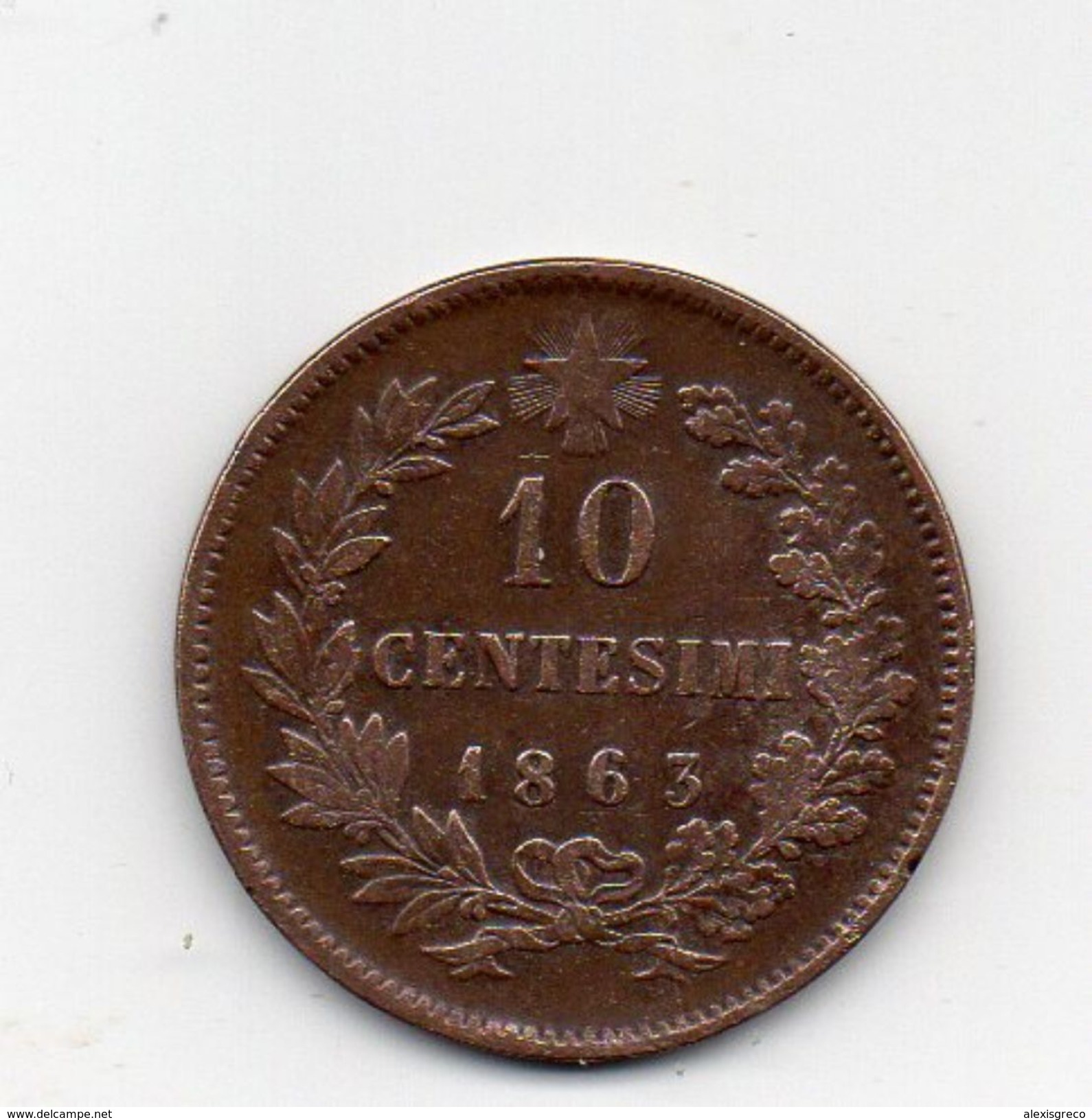 ITALY 1863 TEN CENTESIMI COPPER COIN NO MINT MARK USED In FAIR CONDITION. (HG96) - 1861-1878 : Victor Emmanuel II