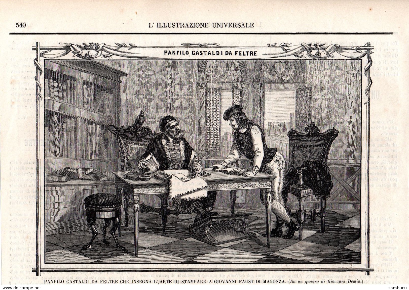 Panfilo Castaldi Da Feltre Che Insegna L´Arte Di Stampare A Giovanni Faust Di Magonza -- Original - Druck Aus 1865 - Ohne Zuordnung