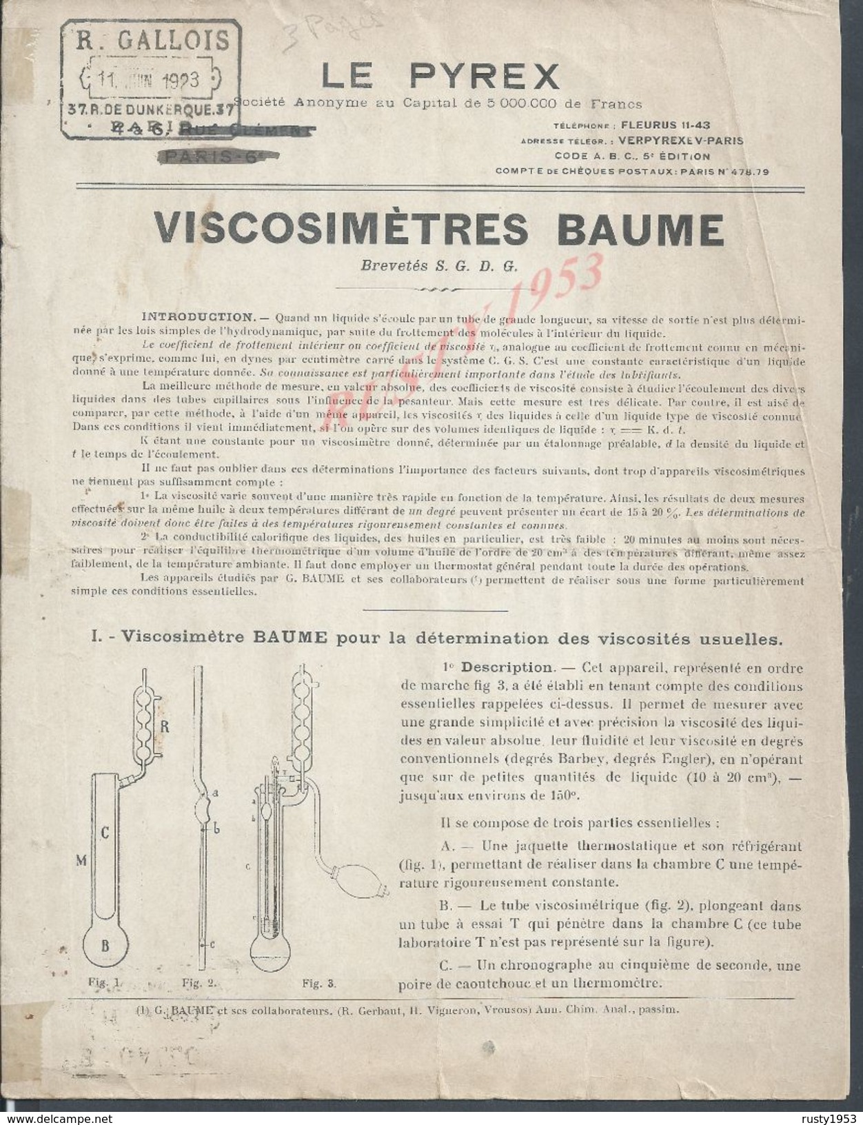 DOCUMENT COMMERCIALE DE 1922/23 LE PYREX VISCOSIMETRES BAUME + 3 BULLETIN D ETALONNAGE VAS PARIS RUE CLEMENT : - Matériel Et Accessoires