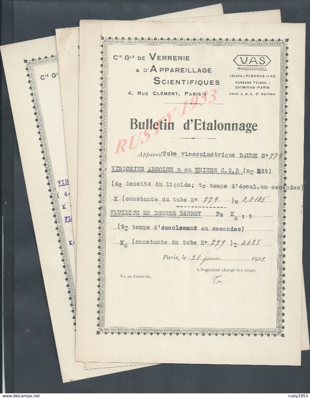 DOCUMENT COMMERCIALE DE 1922/23 LE PYREX VISCOSIMETRES BAUME + 3 BULLETIN D ETALONNAGE VAS PARIS RUE CLEMENT : - Matériel Et Accessoires