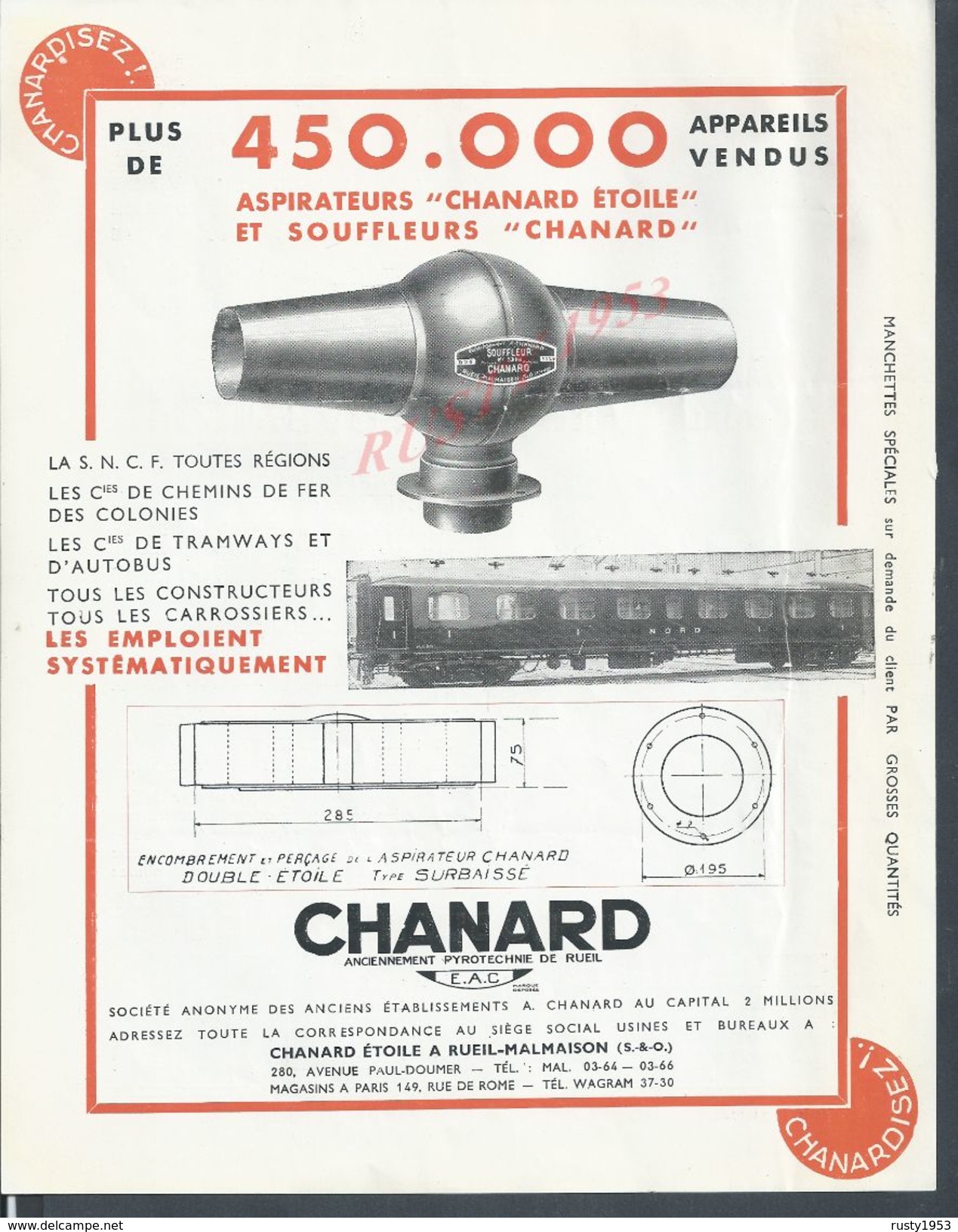 LOT DOCUMENTS + 6 FICHES PUBLICITAIRES RUEIL MALMAISON CHAMARD SOUFFLEUR & ASPIRATEUR POUR LA S N C F & CAMIONS : - Matériel Et Accessoires