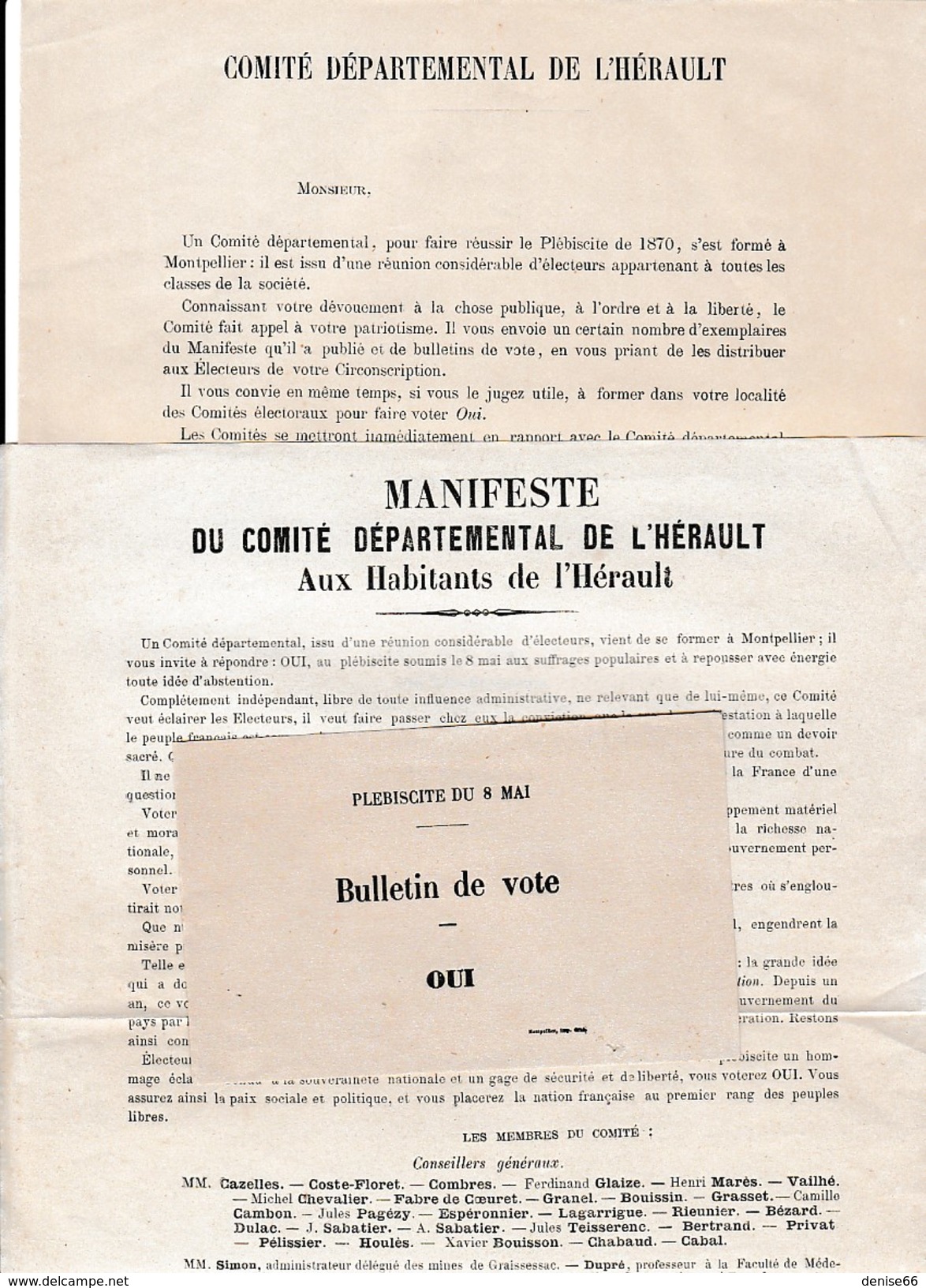 8 Mai 1870 - PLÉBISCITE - Manifeste Du Comité Départemental De L'Hérault - Pour Faire Réussir Le Plébicite - Documents Historiques