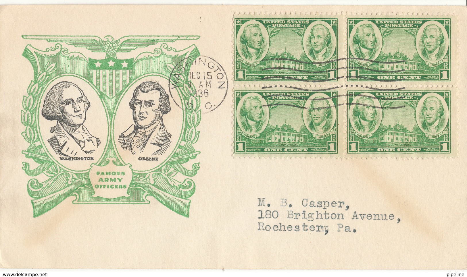 USA FDC Washington 15-12-1936 In Block Of 4 Famous Army Officeres Washington And Greene With Cachet - 1851-1940