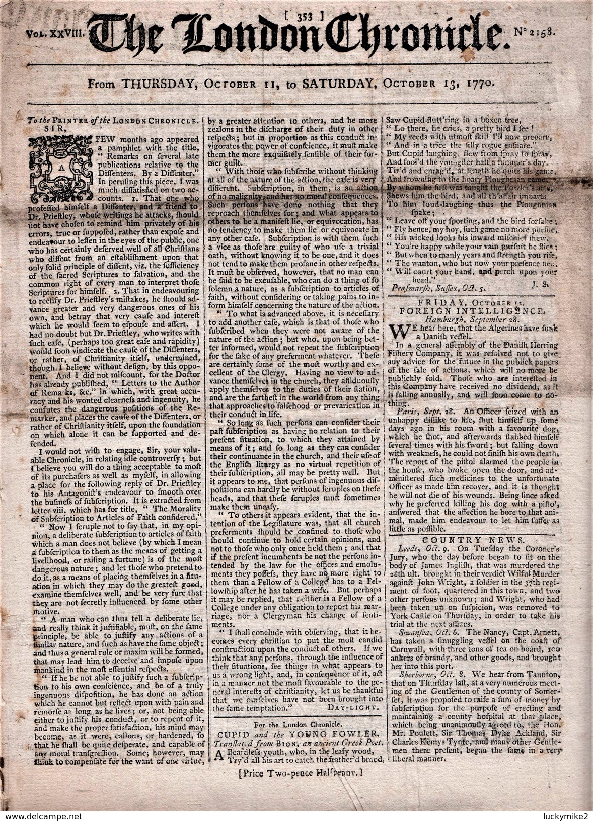 "The London Chronicle" Newspaper Dated  '11 - 15 October 1770'.  Contains A Post Office Article.  Ref 0661 - Historical Documents