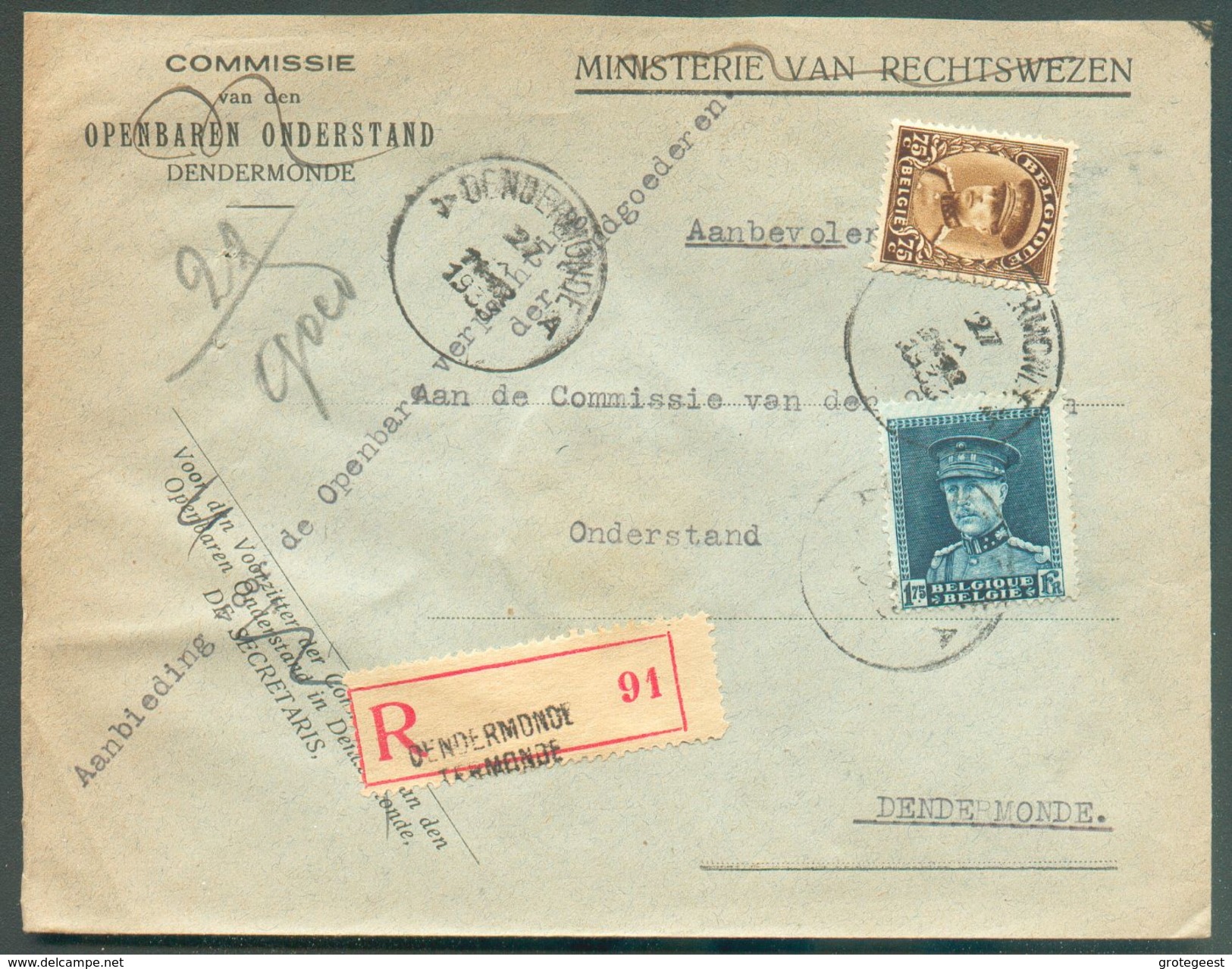 KEPI 75 Centimes Et 1Fr.75 Obl. Sc DENDERMONDE TERMONDE Sur Lettre Recommandée Du 27-X-1933 Vers La Ville  - 12021 - 1931-1934 Képi