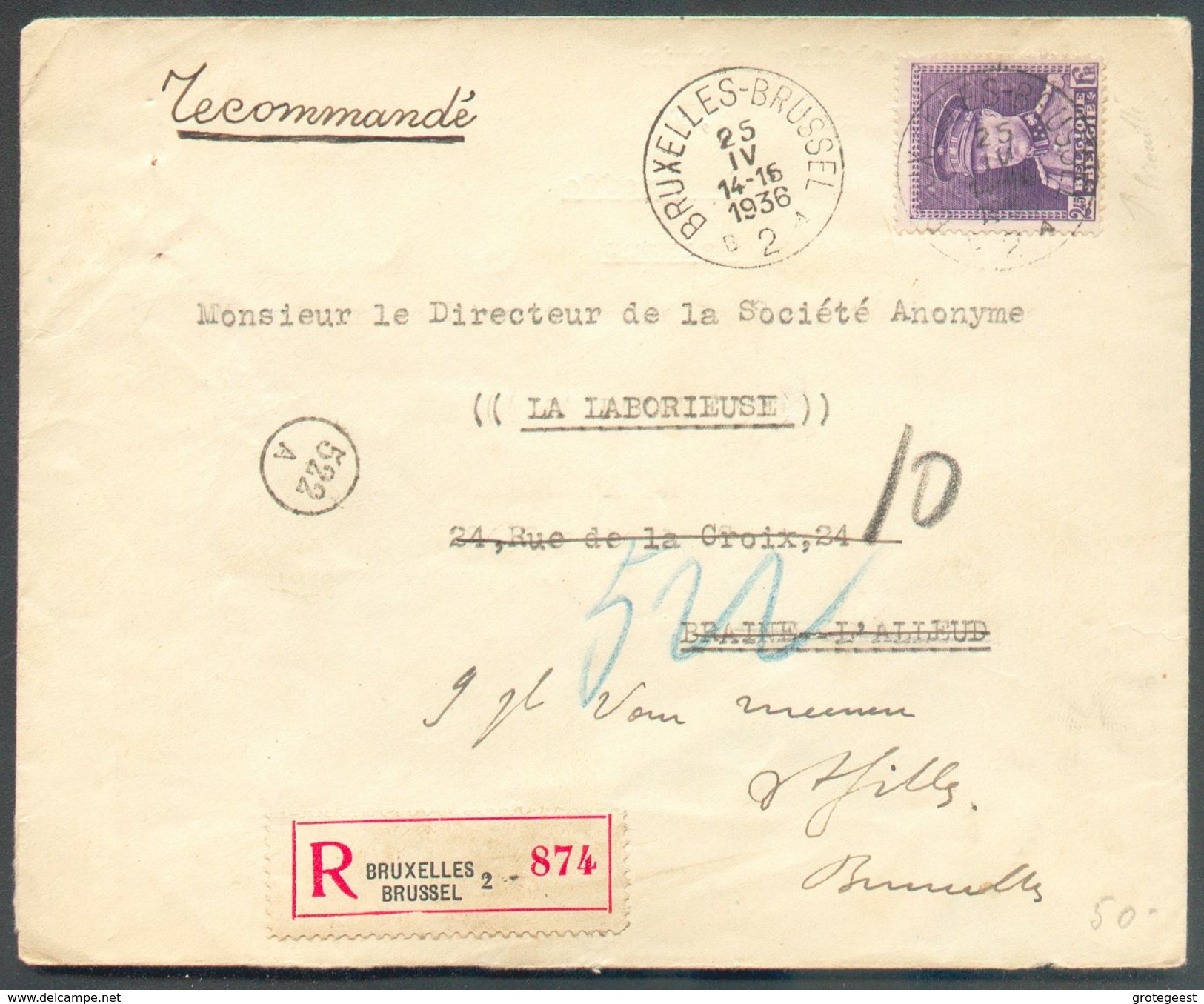 KEPI 2Fr.45 Violet Obl. Sc BRUXELLES 2 Sur Lettre Recommandée Du 25-IV-1936 Vers BRAINE-l'ALLEUD Et Suivi Vers Saint-Gil - 1931-1934 Chepi