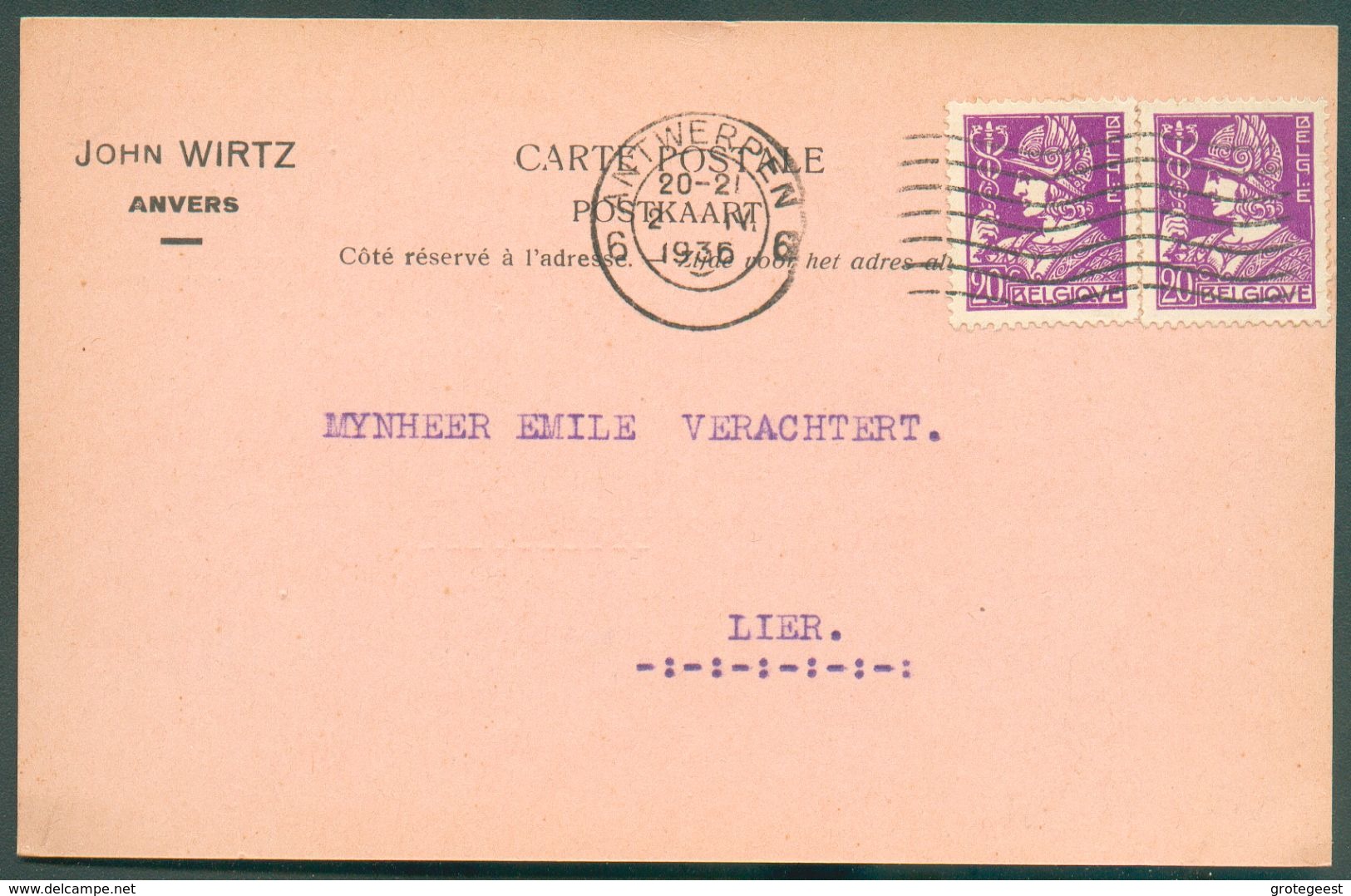 20 Centimes MERCURE (x2) Sur Carte Imprimée Obl. Dc ANTWERPEN 6 Du 2 Avril 1936 Vers Lier - 12029 - 1932 Ceres En Mercurius