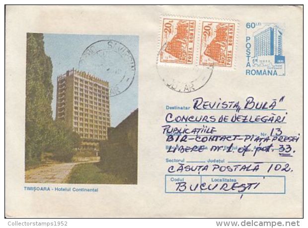 63332- TIMISOARA- CONTINENTAL HOTEL, TOURISM, COVER STATIONERY, 1995, ROMANIA - Hotel- & Gaststättengewerbe