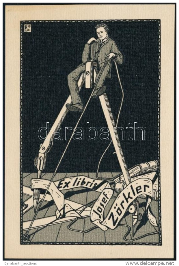 1911 Ex Libris Josef Z&ouml;rkler. Fametszet, Pap&iacute;r, Jelzett A D&uacute;con. / Wood Engraving. 120x75 Mm - Otros & Sin Clasificación
