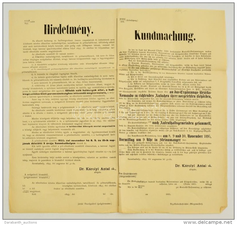 1895 Szombathely, Hirdetm&eacute;ny Katonai EllenÅ‘rz&eacute;si Szeml&eacute;rÅ‘l, K&eacute;tnyelvÅ±, 39x41,5 Cm - Otros & Sin Clasificación