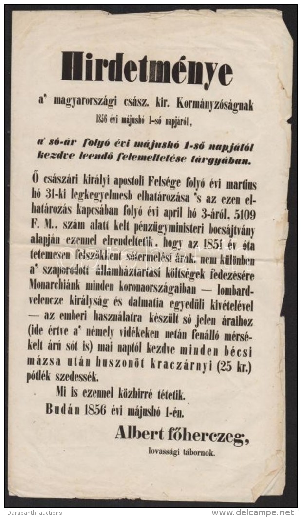 1856 Hirdetm&eacute;ny A S&oacute; &aacute;r Felemel&eacute;s&eacute;rÅ‘l. K&eacute;t Nyelven. 44x39 Cm,... - Autres & Non Classés