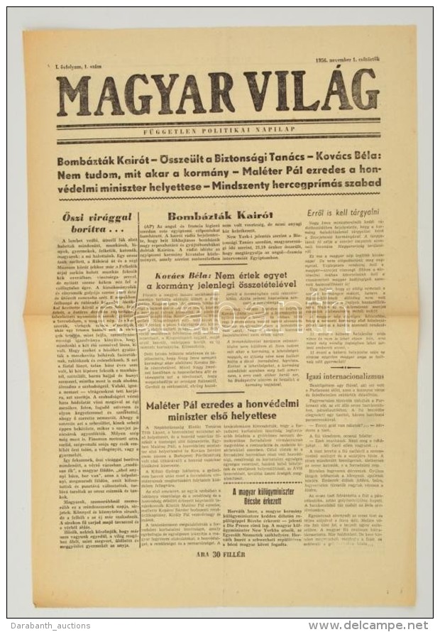 1956 A Magyar Vil&aacute;g, F&uuml;ggetlen Politikai Napilap November Elsejei Sz&aacute;ma, Benne A Forradalom... - Unclassified