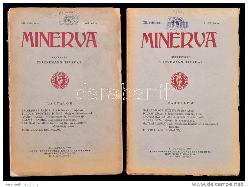 1933 Minerva. XII. &eacute;vf. 1-5,6-10 Sz&aacute;mok. Szerk.: Thienemann Tivadar. Bp., 1933,... - Sin Clasificación