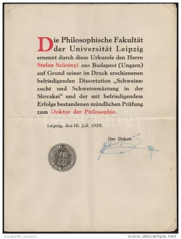 1929 A Lipcsei Egyetem Filoz&oacute;fia Szak&aacute;nak Filoz&oacute;fia Doktori Oklevele Magyar Szem&eacute;ly... - Sin Clasificación